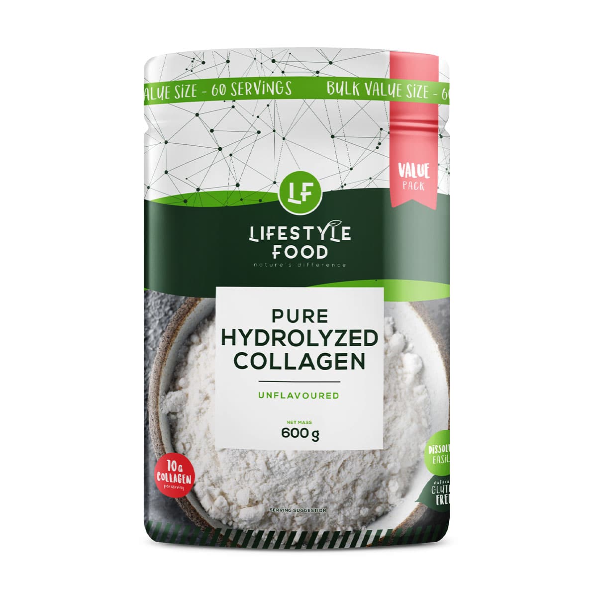 Lifestyle Food Pure Hydrolyzed Collagen Powder Bulk Value - 600g